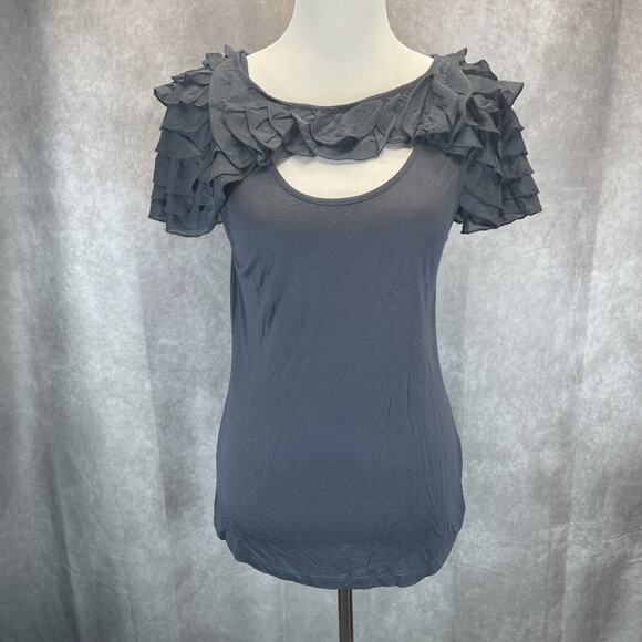 Deletta Tops - Deletta Anthropologie Women's Crew Neck Lace Grey Top Ruffle Sleeve Size M NWT
